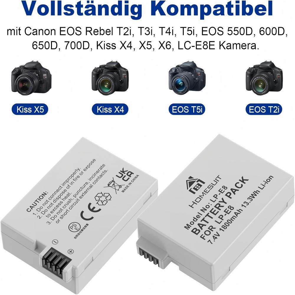 LP-E8 Battery 1800mAh  Camera Battery,Charger Sets and LED USB Dual Charger for Canon EOS Rebel T2i T3i T4i T5i EOS 550D 600D 650D 700D Kiss X4 X5 X6 X6i X7i Camera (Pack of 2)