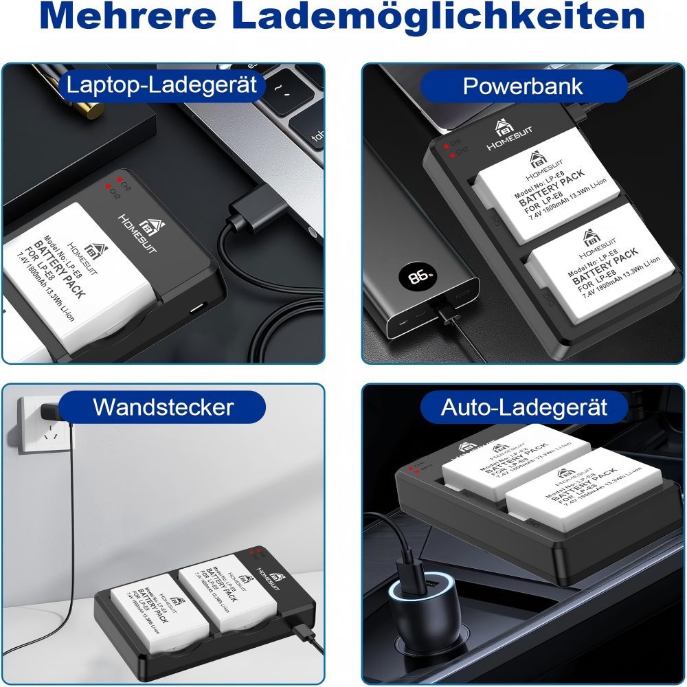 LP-E8 Battery 1800mAh  Camera Battery,Charger Sets and LED USB Dual Charger for Canon EOS Rebel T2i T3i T4i T5i EOS 550D 600D 650D 700D Kiss X4 X5 X6 X6i X7i Camera (Pack of 2)