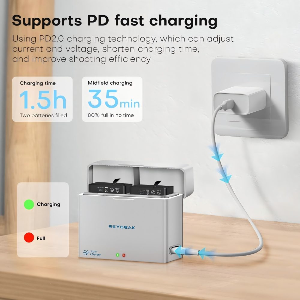 Battery and Charger for DJI Osmo Action 5 Pro/Action 4/3, 2 Pack 2 Ports Batteries, PD Quick Charge Battery Charging Box, 2100mAh Rechargeable Battery for DJI Action 5/4/3 Charger Accessories