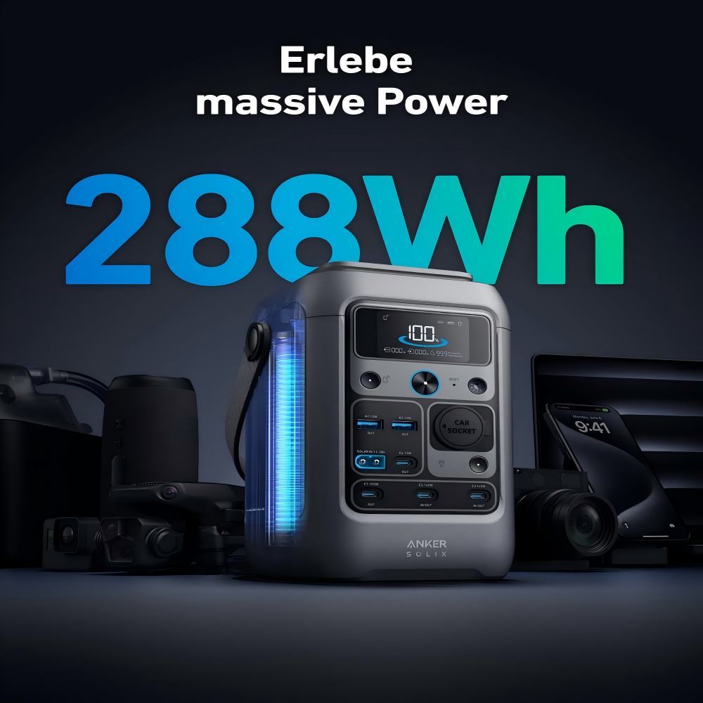 Outdoor Generators Anker SOLIX C300 DC Power Bank Power Station, 288 Wh Battery for Multiple Devices, LiFePO4 Battery, 300 W Solar Generator, for Camping, Outdoors, Travel, Emergencies (Power Supply Not Included)
