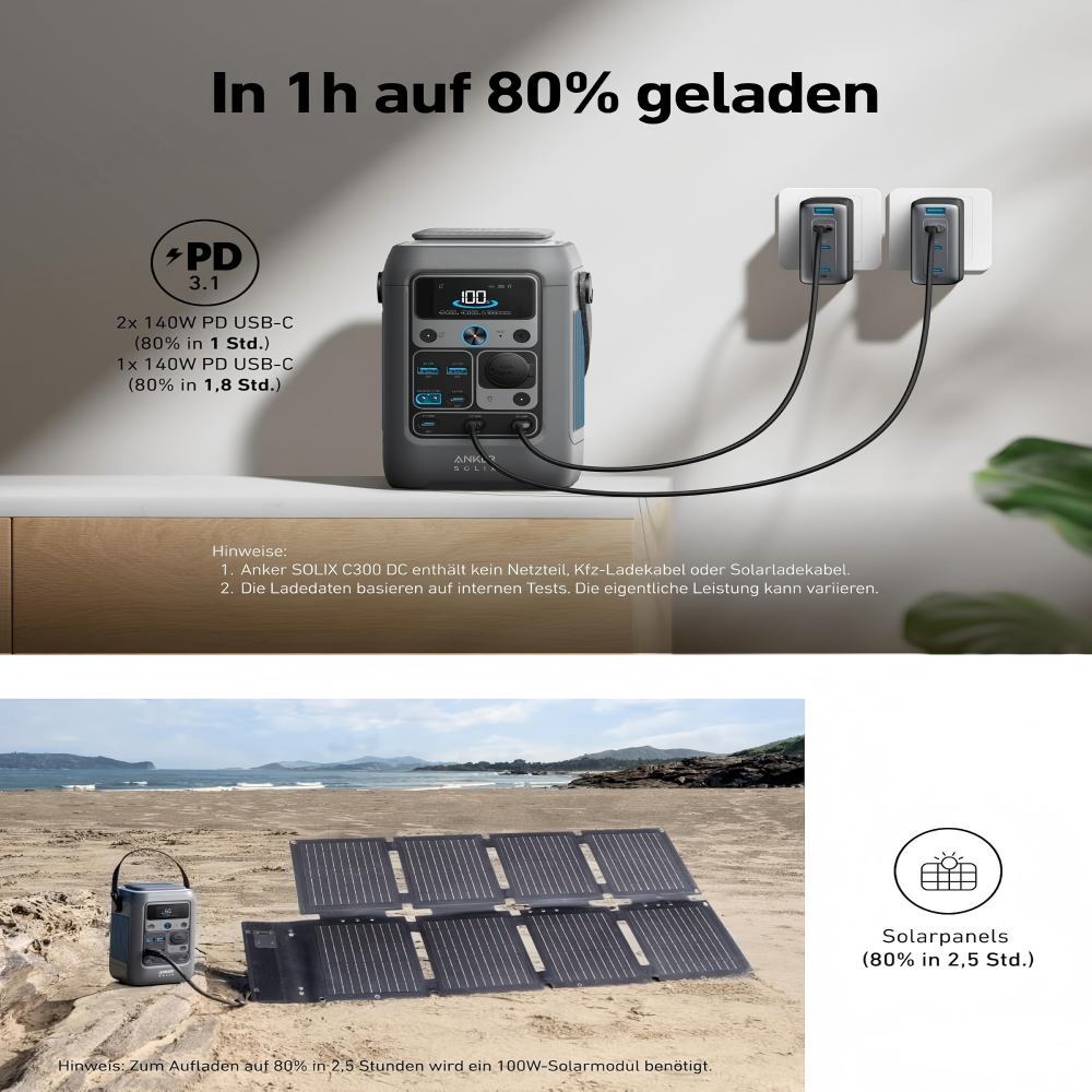 Outdoor Generators Anker SOLIX C300 DC Power Bank Power Station, 288 Wh Battery for Multiple Devices, LiFePO4 Battery, 300 W Solar Generator, for Camping, Outdoors, Travel, Emergencies (Power Supply Not Included)