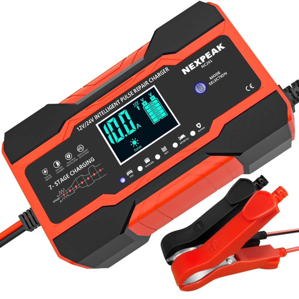 10-Amp Battery Charger, Smart Trickle Charger 12V 24V Car Battery Charger Fully Automatic Maintainer Desulfator w/Temp Compensation for Car Truck Lawn Mower Boat Marine Batteries