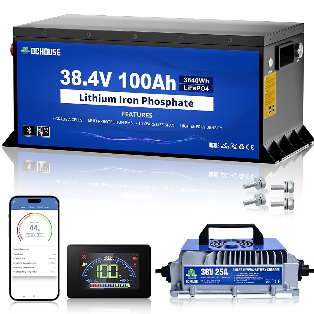 36V 100Ah Pro Lithium Golf Cart Battery, LiFePO4 Battery with 36V 25A Charger, Bluetooth Mobile APP& LCD Monitor, 200A BMS, Peak Current 670A, Perfect for Trolling Motor, Marine-Metal Case