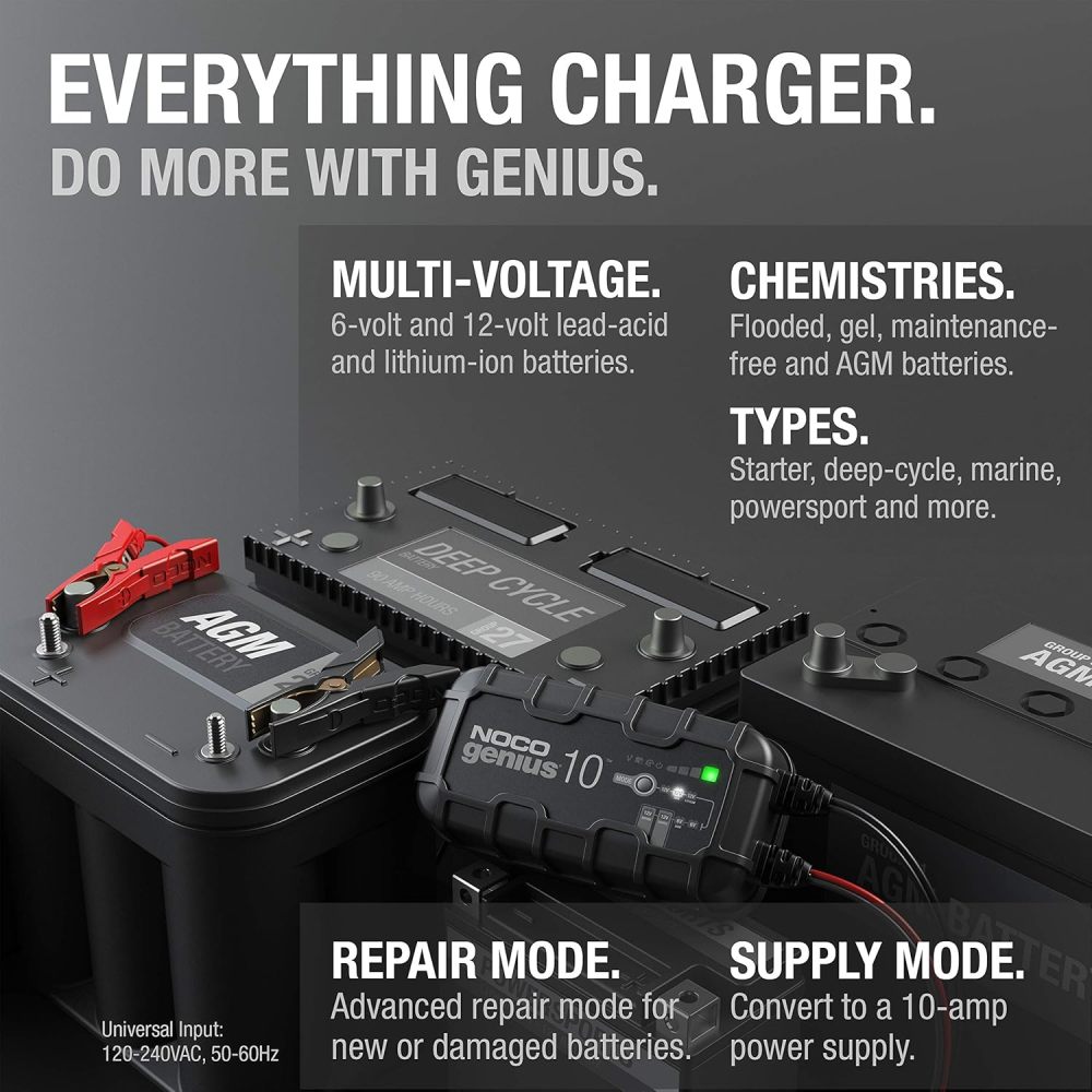 10A 6V/12V Smart Battery Charger – Automatic Maintainer, Trickle Charger & Desulfator with Overcharge Protection & Temperature Compensation – for Lead-Acid & Lithium Batteries