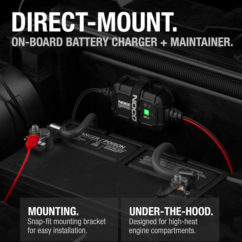 2A 12V Smart Onboard Battery Charger - Direct-Mount Automatic Maintainer, Trickle Charger & Desulfator with Overcharge Protection & Temperature Compensation – for Lead-Acid Batteries