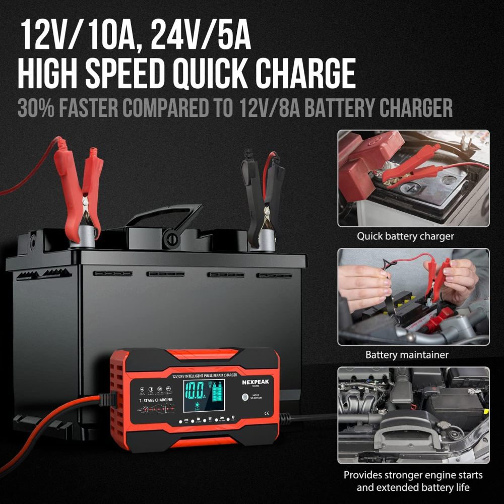 10-Amp Battery Charger, Smart Trickle Charger 12V 24V Car Battery Charger Fully Automatic Maintainer Desulfator w/Temp Compensation for Car Truck Lawn Mower Boat Marine Batteries