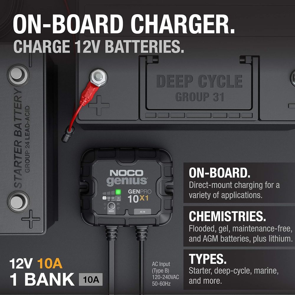 10A Onboard Battery Charger - 10A Per Bank, 12V Waterproof Marine Charger with Overcharge Protection & Temperature Compensation – for Lead-Acid & Lithium Batteries