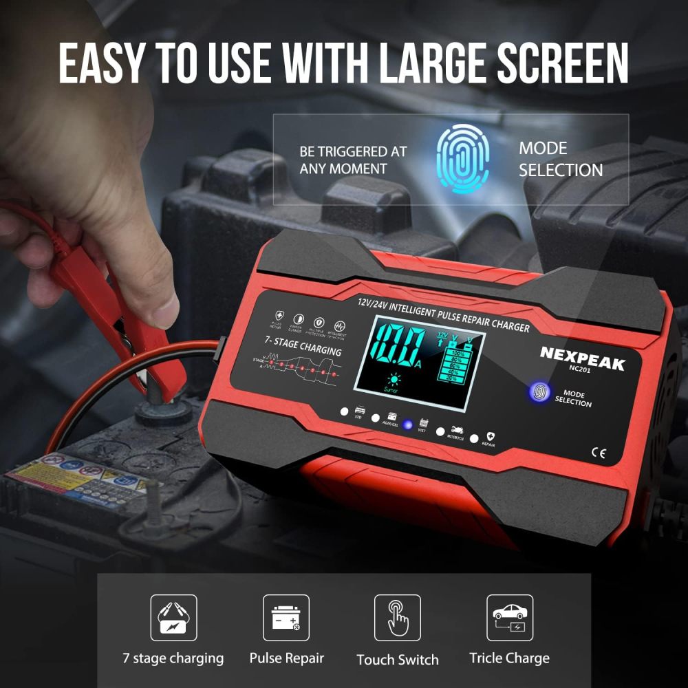 10-Amp Battery Charger, Smart Trickle Charger 12V 24V Car Battery Charger Fully Automatic Maintainer Desulfator w/Temp Compensation for Car Truck Lawn Mower Boat Marine Batteries