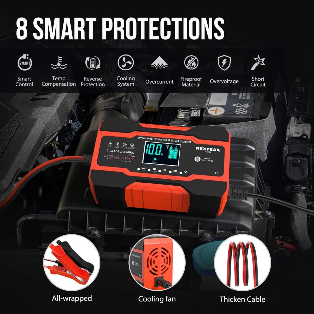 10-Amp Battery Charger, Smart Trickle Charger 12V 24V Car Battery Charger Fully Automatic Maintainer Desulfator w/Temp Compensation for Car Truck Lawn Mower Boat Marine Batteries