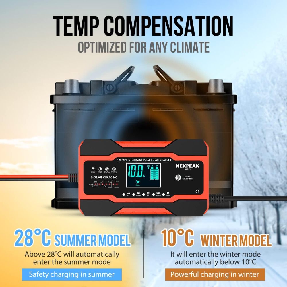 10-Amp Battery Charger, Smart Trickle Charger 12V 24V Car Battery Charger Fully Automatic Maintainer Desulfator w/Temp Compensation for Car Truck Lawn Mower Boat Marine Batteries
