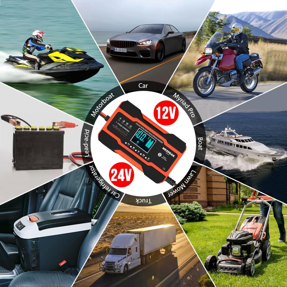 10-Amp Battery Charger, Smart Trickle Charger 12V 24V Car Battery Charger Fully Automatic Maintainer Desulfator w/Temp Compensation for Car Truck Lawn Mower Boat Marine Batteries
