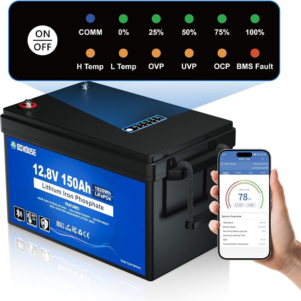 12V 150Ah Deep Cycle Batteries LiFePO4 Lithium Battery with SOC Status Indicators, Bluetooth & Low Temp Cut-off, 12V Lithium Battery Up to 15000 Cycles, 120A BMS Perfect for Caravans, Trolling Motors, Camping