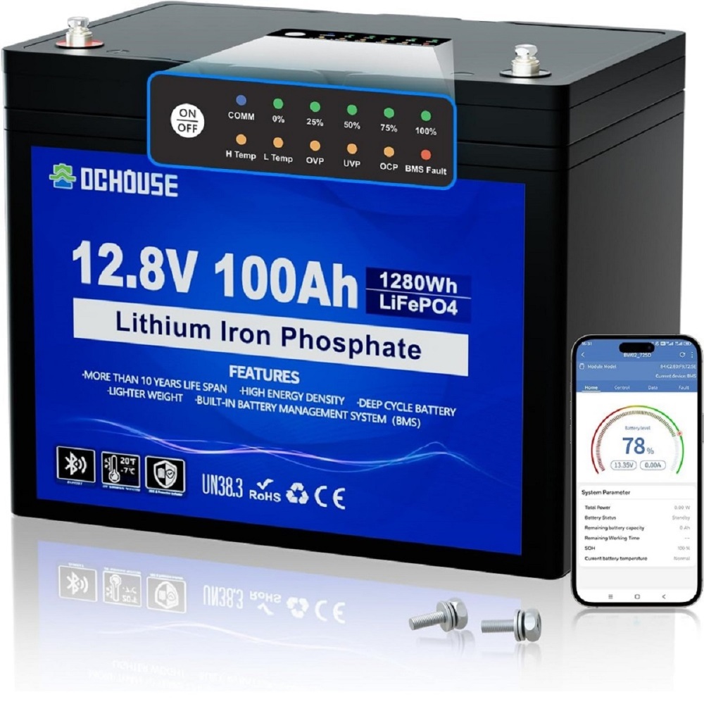 12V 100Ah LiFePO4 Bluetooth Lithium Battery with SOC Light and BMS Display, Low Temperature Protection, Built-in in 100A Smart BMS, Automotive Replacement Batteries 15000 Cycles for Trolling Motor, Motorhome, Solar System