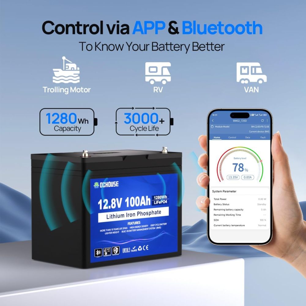 12V 100Ah LiFePO4 Bluetooth Lithium Battery with SOC Light and BMS Display, Low Temperature Protection, Built-in in 100A Smart BMS, Automotive Replacement Batteries 15000 Cycles for Trolling Motor, Motorhome, Solar System