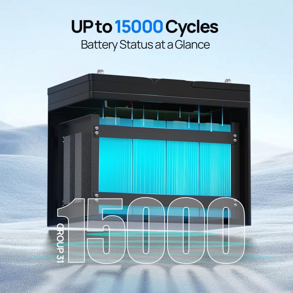 12V 100Ah LiFePO4 Bluetooth Lithium Battery with SOC Light and BMS Display, Low Temperature Protection, Built-in in 100A Smart BMS, Automotive Replacement Batteries 15000 Cycles for Trolling Motor, Motorhome, Solar System
