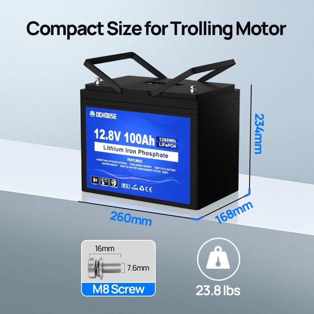12V 100Ah LiFePO4 Bluetooth Lithium Battery with SOC Light and BMS Display, Low Temperature Protection, Built-in in 100A Smart BMS, Automotive Replacement Batteries 15000 Cycles for Trolling Motor, Motorhome, Solar System