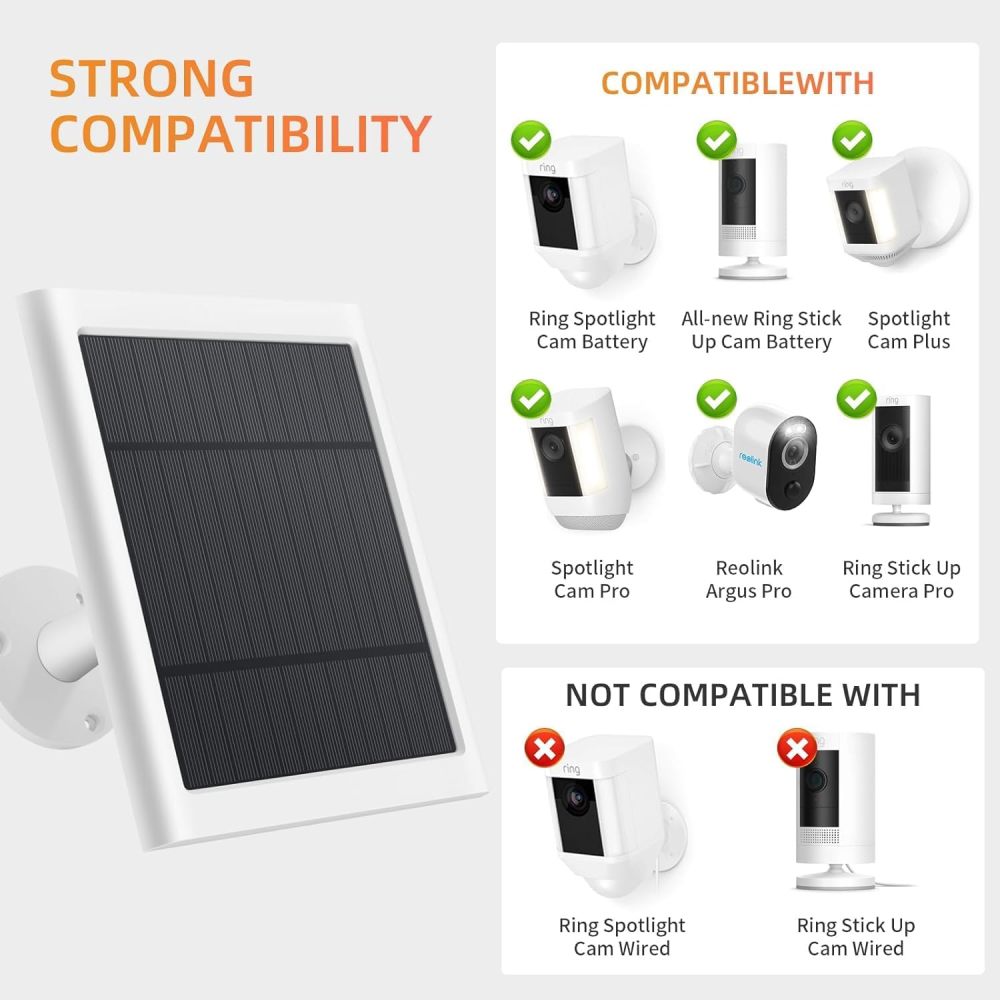 Solar Panel for Ring Camera, 2 Pack 4W Solar Charger Compatible with Rings Spotlight &All-New Stick Up Outdoor Cam Battery, 10ft Long Cable with USB-C to Ring Barrel Plug Adapter