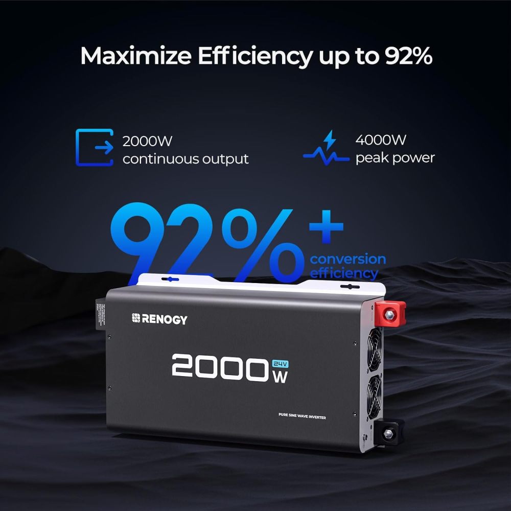 2000W 24V Pure Sine Wave Inverter, Solar and Wind Power Inverters,4000W Peak Power, 92% Energy Efficiency, with 2 AC Outputs, Remote Control, RV Truck Marine Camping