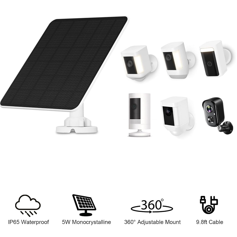 Solar Panel for Ring Camera, 5W Camera Solar Panel Charger for Stick Up Cam/Pro Battery, Spotlight Cam/Plus/Pro, Wyze Battery Cam Pro, 9.8ft Cable, IP65 Waterproof, 2 Pack