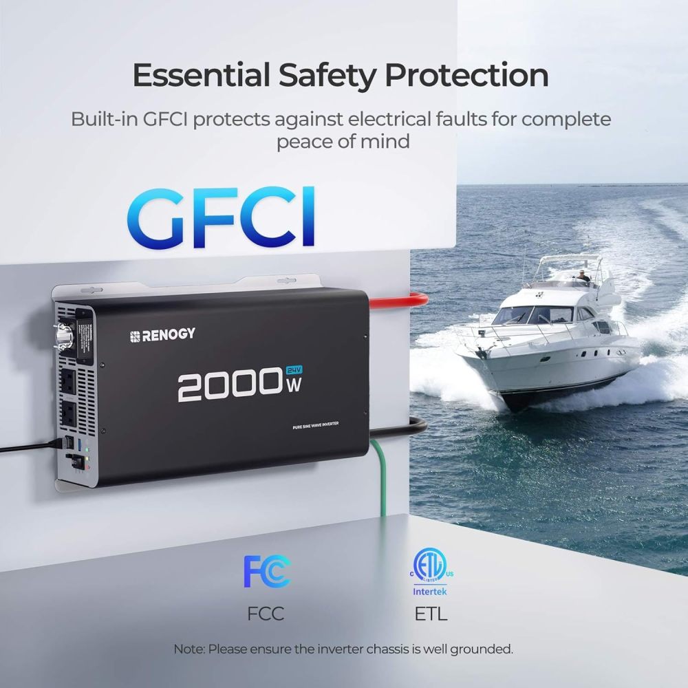 2000W 24V Pure Sine Wave Inverter, Solar and Wind Power Inverters,4000W Peak Power, 92% Energy Efficiency, with 2 AC Outputs, Remote Control, RV Truck Marine Camping