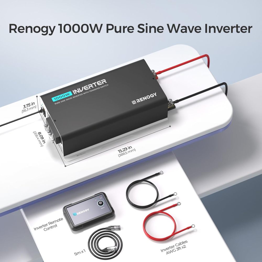 Inverter PUH, Solar and Wind Power Inverters 1000W Pure Sine Wave Power Inverter with UPS Transfer Switch & Bluetooth, 12V DC to 120V AC Converter for RV, Truck, Home,Camping - 2000W Surge Power, Remote Monitoring