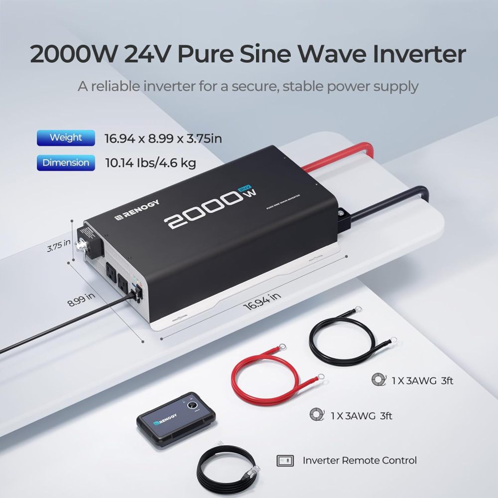 2000W 24V Pure Sine Wave Inverter, Solar and Wind Power Inverters,4000W Peak Power, 92% Energy Efficiency, with 2 AC Outputs, Remote Control, RV Truck Marine Camping