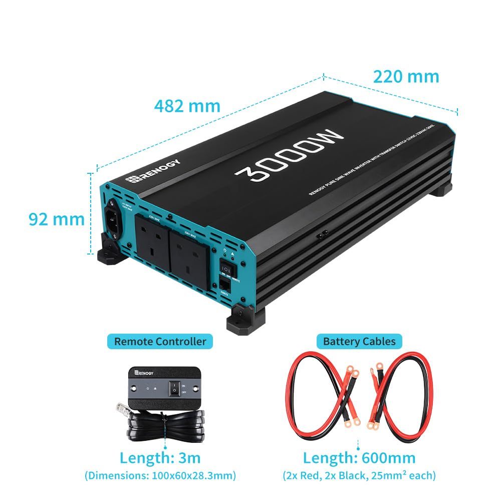 3000W Pure Sine Wave Inverter, Solar & Wind Power Inverters,Solar & Wind Energy Off-Grid Inverters,6000W Peak 12V DC to 240V AC Solar Power Converter with UK Sockets, UPS Function and Remote Controller for Off-grid, RV, Truck, Boat