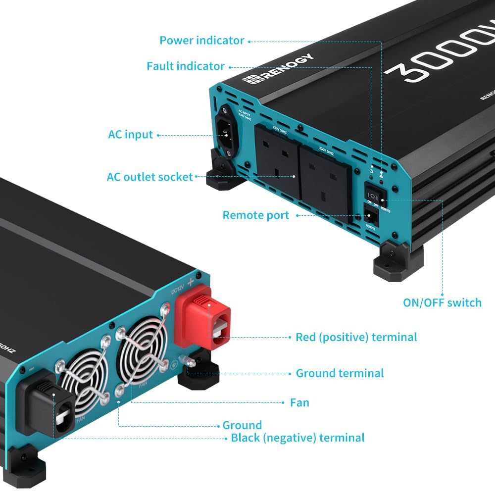 3000W Pure Sine Wave Inverter, Solar & Wind Power Inverters,Solar & Wind Energy Off-Grid Inverters,6000W Peak 12V DC to 240V AC Solar Power Converter with UK Sockets, UPS Function and Remote Controller for Off-grid, RV, Truck, Boat