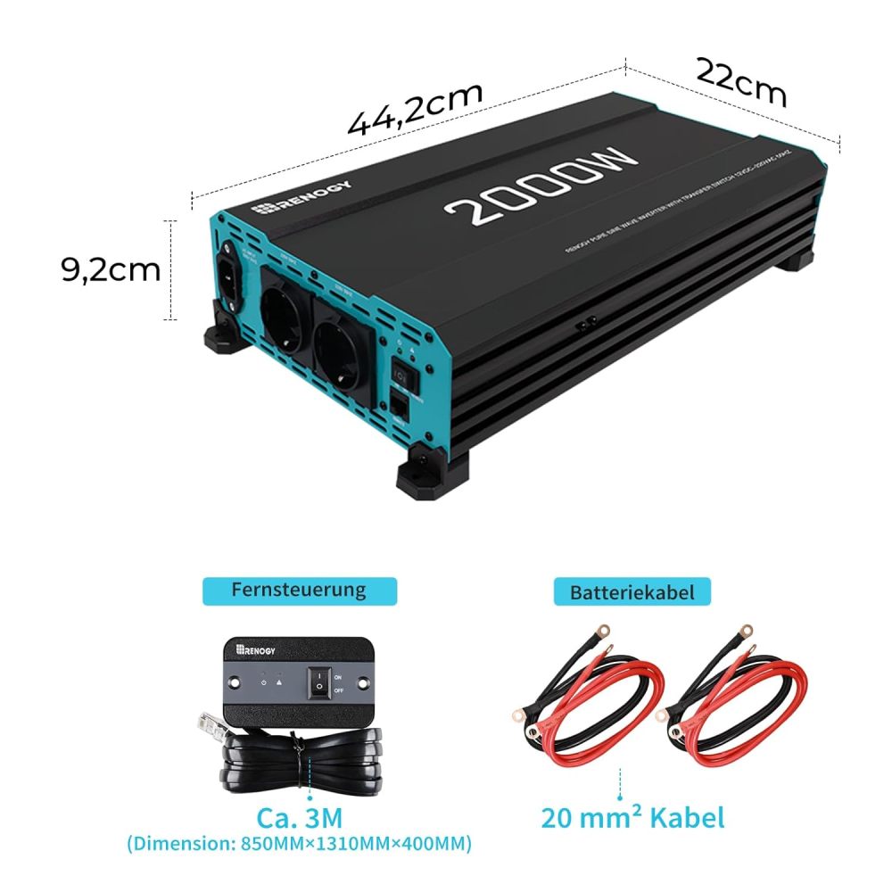 2000W / 4000W 12 V to 230 V Pure Sine Wave Inverter with Mains Priority Circuit Voltage Converter with 2 European Sockets for Household Appliances