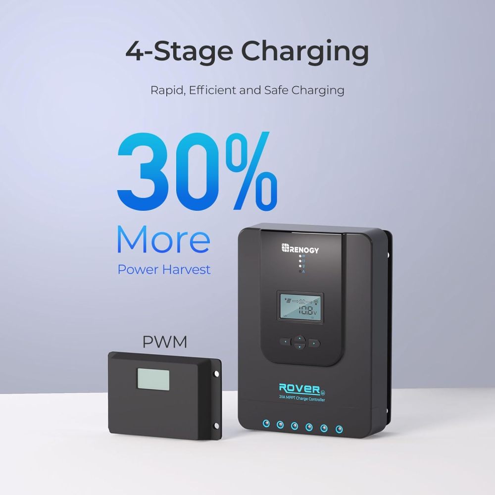 Renewable Energy Controllers,Solar & Wind Energy MPPT Controllers,Solar Charge Controller Rover 20A 12V24V Auto DC Input MPPT Charge Controllers for Solar Panels Adjustable LCD for Gel Sealed Flooded Lithium Batteries