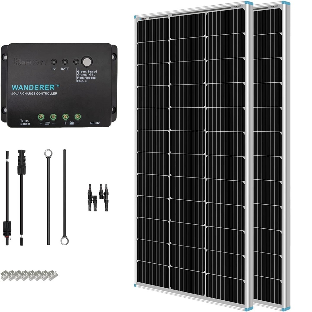 200 Watt 12 Volt Monocrystalline Solar Panel Starter Kit, Solar and Wind Energy PWM Controllers with 2 Pcs 100W Solar Panel and 30A PWM Charge Controller for RV, Boats, Trailer, Camper, Marine ,Off-Grid System