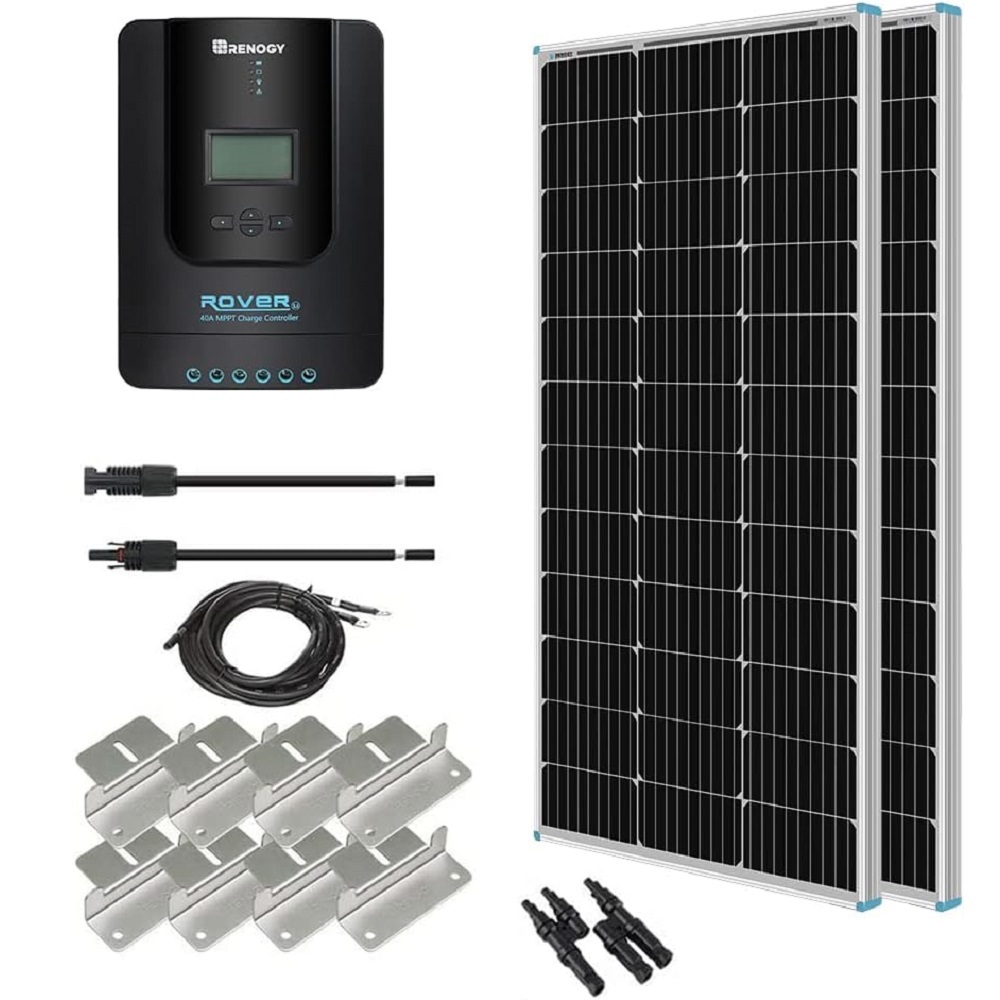 200W 12V Solar and Wind Energy MPPT Controllers, Monocrystalline Panel Starter 40A Rover MPPT Controller/Mounting Z Brackets/Tray Cable/Adaptor Kit, RV Solar Charging, Boats, Off-Grid System