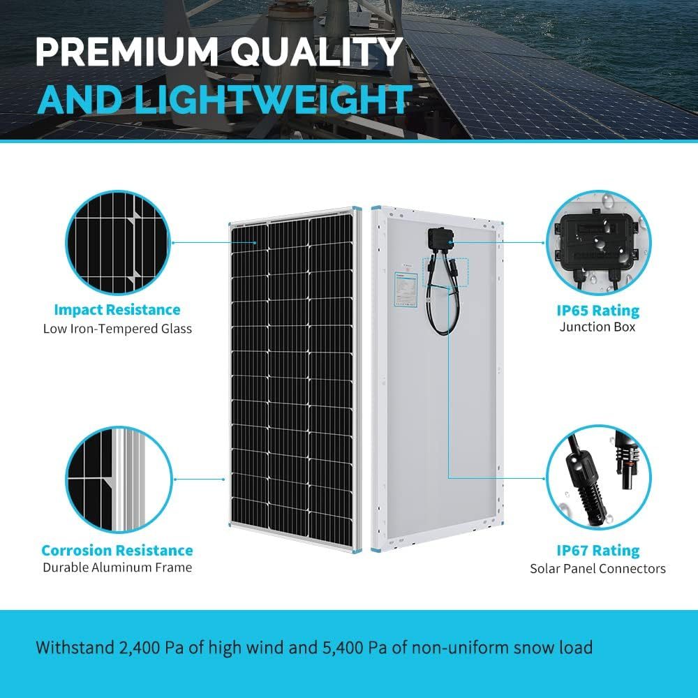 200W 12V Solar and Wind Energy MPPT Controllers, Monocrystalline Panel Starter 40A Rover MPPT Controller/Mounting Z Brackets/Tray Cable/Adaptor Kit, RV Solar Charging, Boats, Off-Grid System
