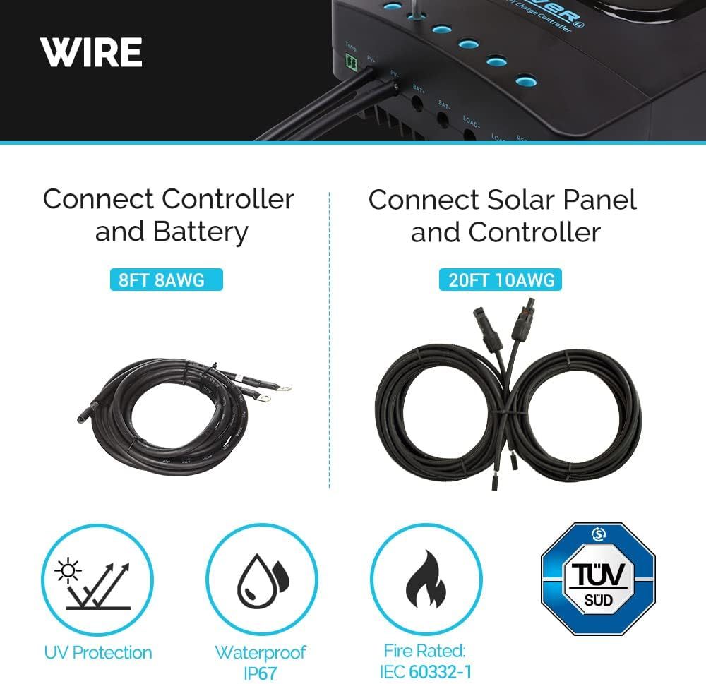 200W 12V Solar and Wind Energy MPPT Controllers, Monocrystalline Panel Starter 40A Rover MPPT Controller/Mounting Z Brackets/Tray Cable/Adaptor Kit, RV Solar Charging, Boats, Off-Grid System