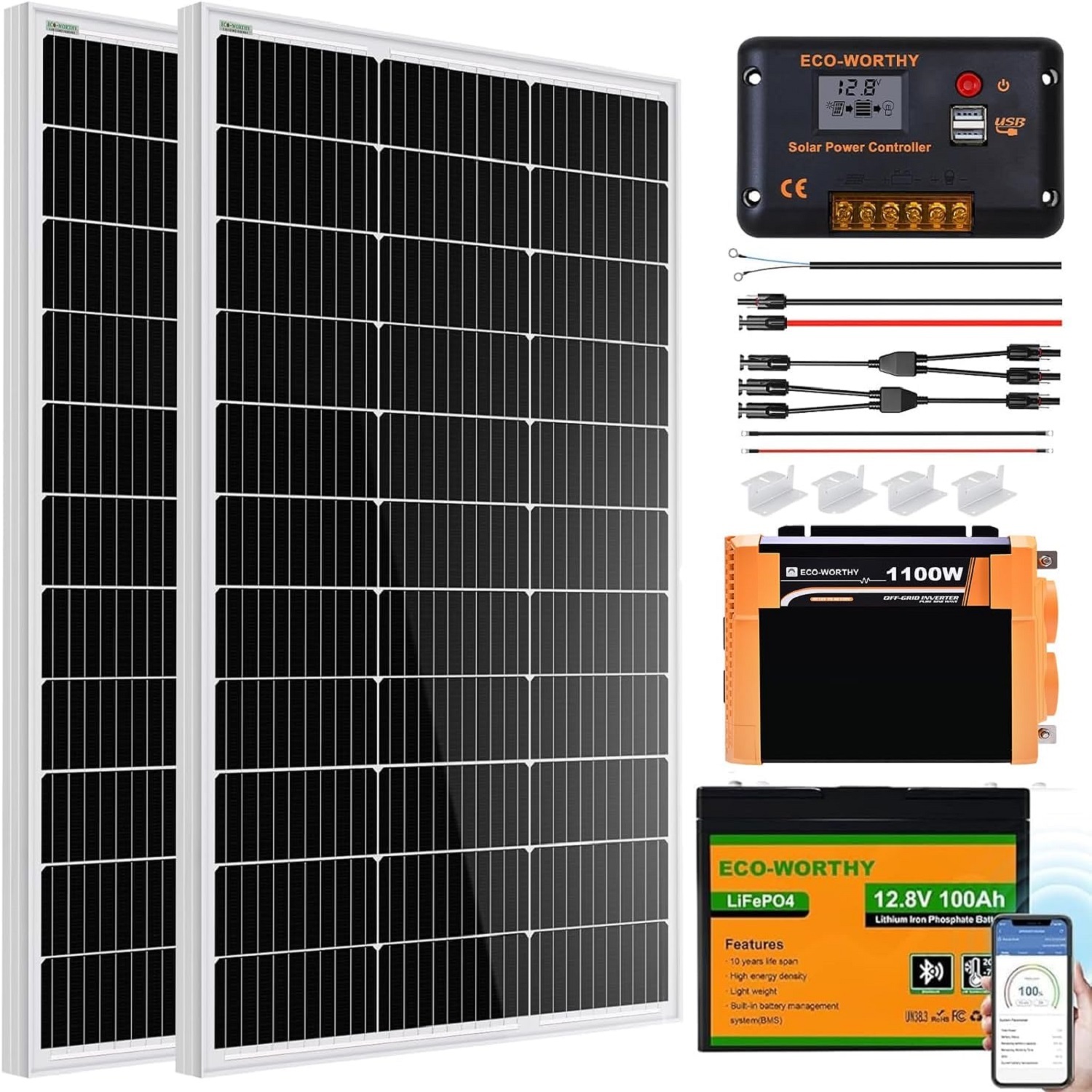 12V 200W 1.28 kWh Solar System Complete Kit for RV,Boats,Electric Cars