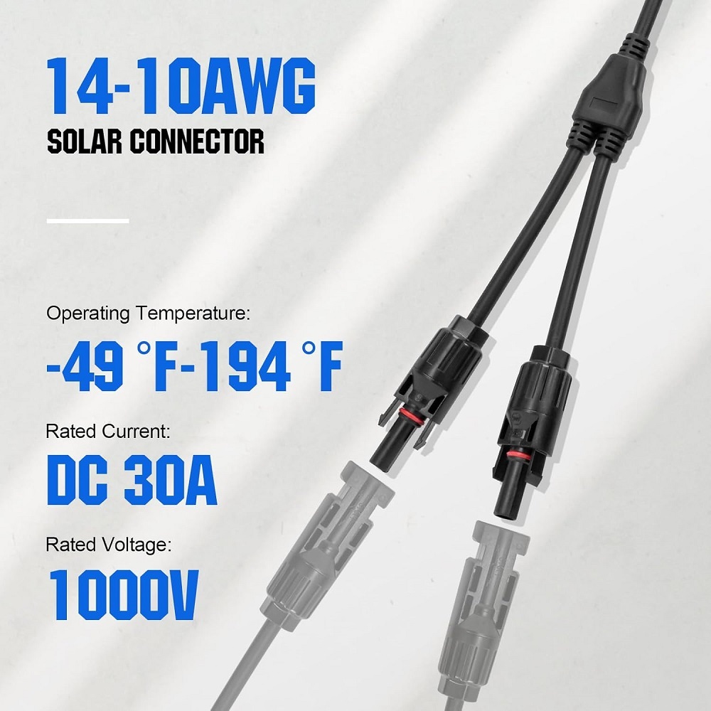 Solar Connectors Y Branch and 10FT 10AWG Solar Extension Cable for Panels