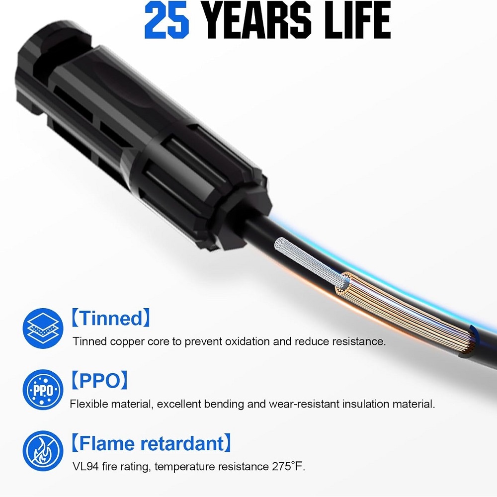 Solar Connectors Y Branch and 10FT 10AWG Solar Extension Cable for Panels