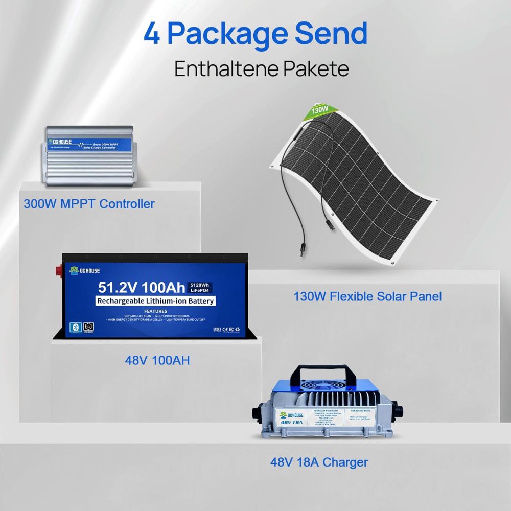 48V 100Ah LiFePO4 Golf Cart Battery Kit with 18A Charger 130W Flexible Solar Panel 300W MPPT Controller