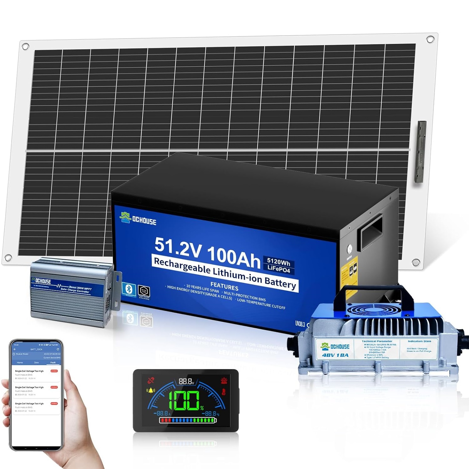 48V 100Ah LiFePO4 Golf Cart Battery Kit with 18A Charger 130W Panel 300W MPPT Controller