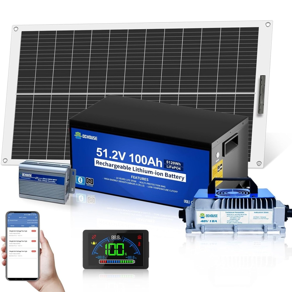 48V 100Ah LiFePO4 Golf Cart Battery Kit with 18A Charger 130W Flexible Solar Panel 300W MPPT Controller