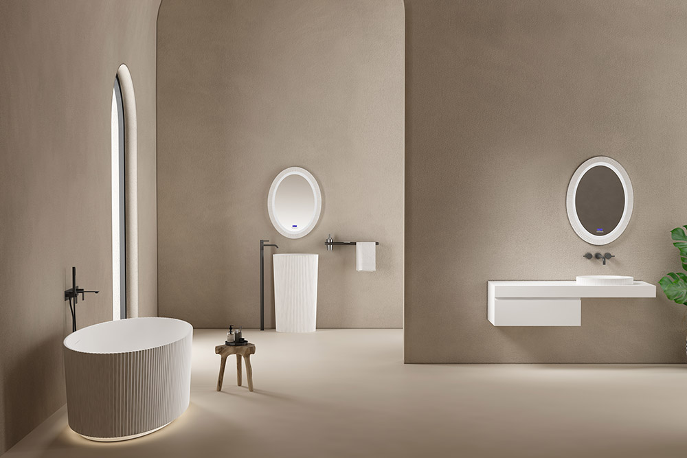 Oval Vertical line Freestanding Artificial Stone Bathtub Solid Surface Wash Basin Bathroom Sink Complete Set TW-8687 Series