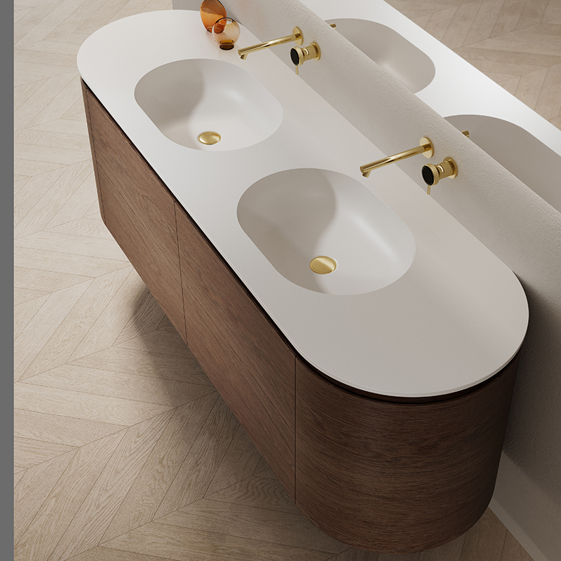 Hot Style Wholesale Wood Grain Wall Mounted Bathroom Vanity Unit With Undercounter Sinks TW-5022