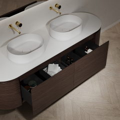 Wholesale Price Double Countertop Sinks Wood Grain Hanging Bathroom Cabinet Set TW-5002