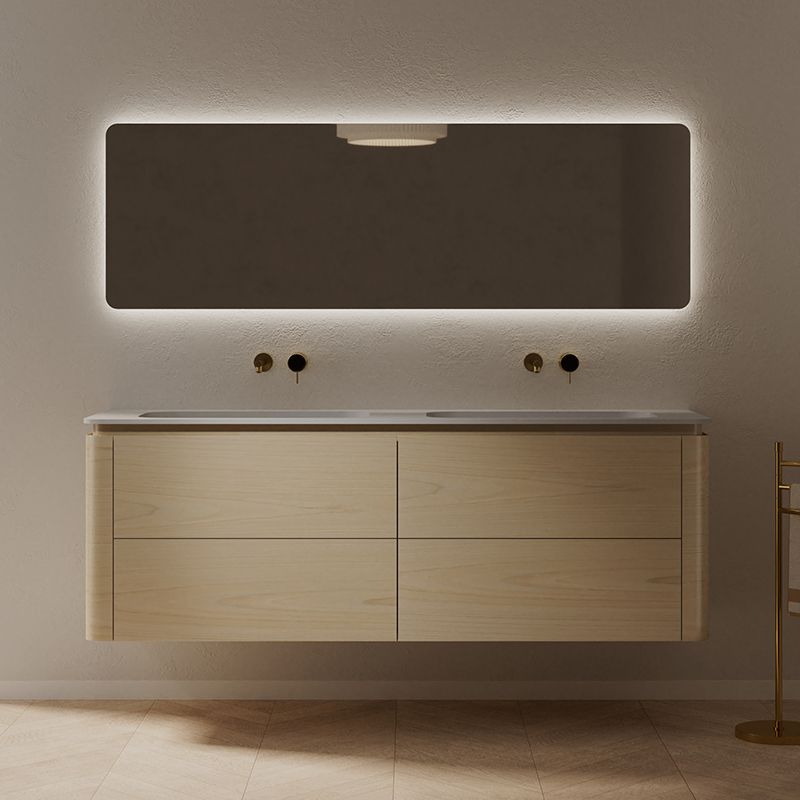 Quality Wholesale Unique Design Double Basins Wood Color Wall Hung Bathroom Vanity TW-5512