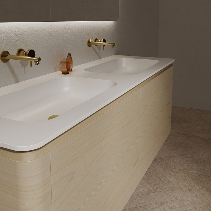Quality Wholesale Unique Design Double Basins Wood Color Wall Hung Bathroom Vanity TW-5512