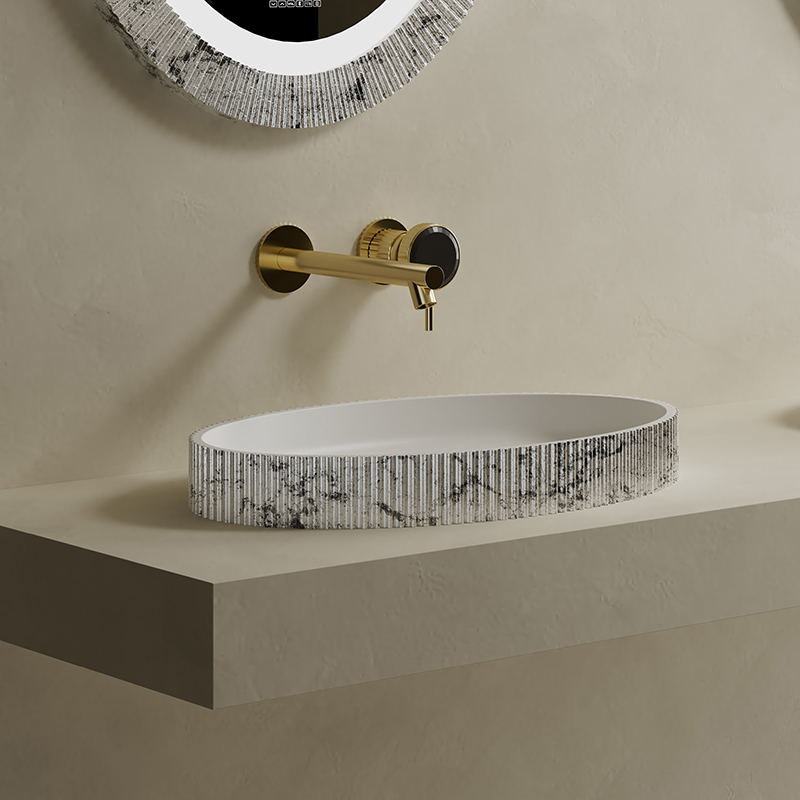 Factory Wholesale Artificial Stone Silver Pattern V-Groove Fluted Counter Top Wash Basin TW-8687AS