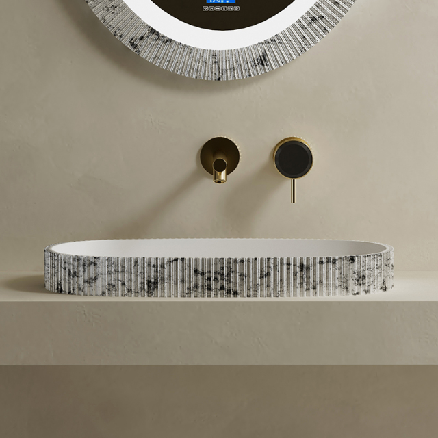 Factory Supply Quality Assurance Artificial Stone Silver Pattern Fluted Counter Top Wash Basin TW-8681AS