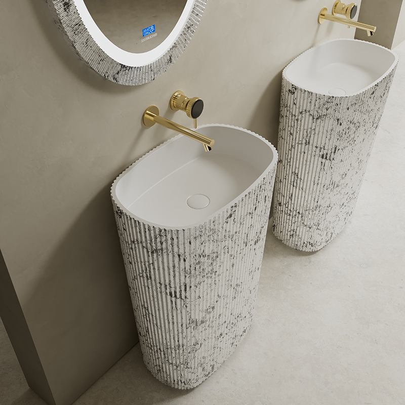 China Wholesale Factory Solid Surface Silver Pattern Freestanding Bathroom Sink TW-8681ZS