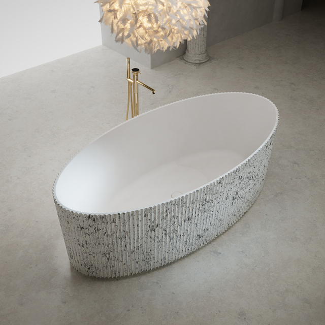 Factory Supply Quality Assurance V-Groove Freestanding Solid Surface Silver Pattern Flunted Bathtub TW-8687S