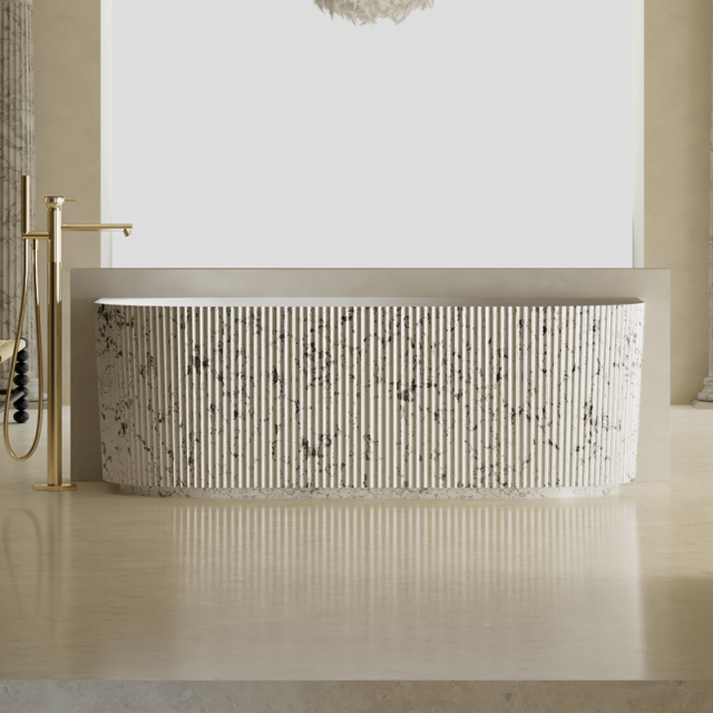 Wholesale High End Quality Freestanding Solid Surface Silver Pattern Flunted Back to Wall Bathtub TW-8686S